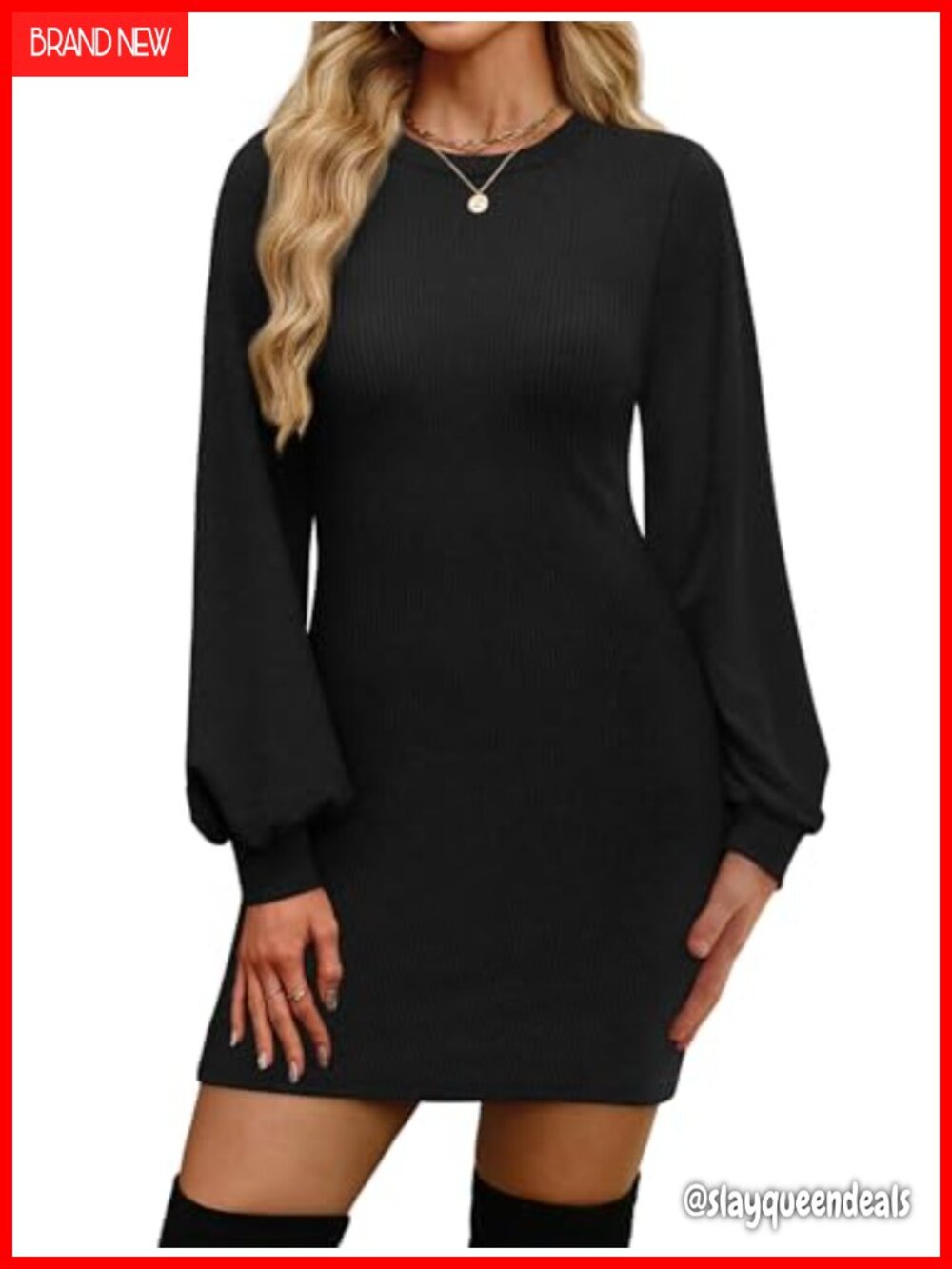 Puff Long Sleeve Crewneck Bodycon Midi Sweater Dress